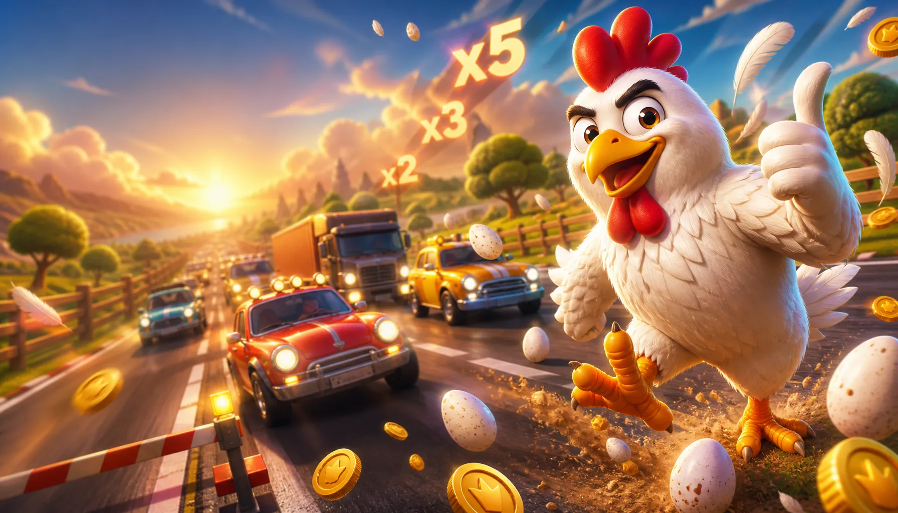 3D chicken crossing a dangerous arcade road with eggs and coins