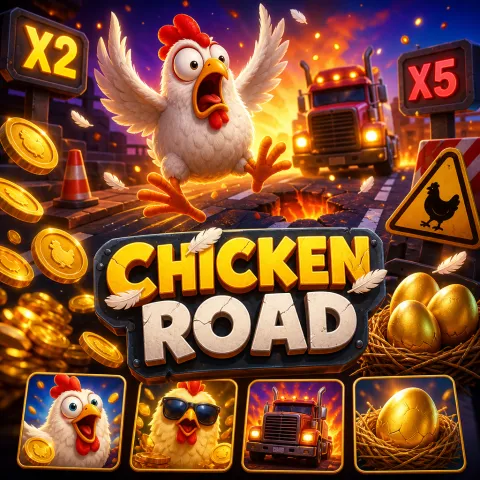 Chicken Road slot game promo with playful chickens and vibrant road theme